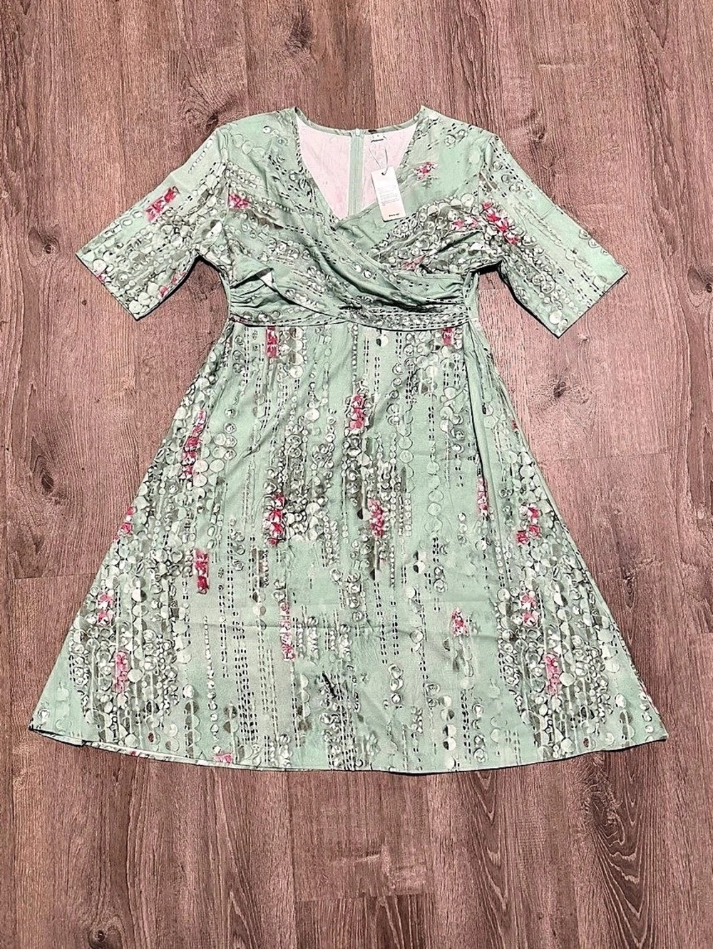 Floral Wrap Midi Dress in Green & Pink NWT